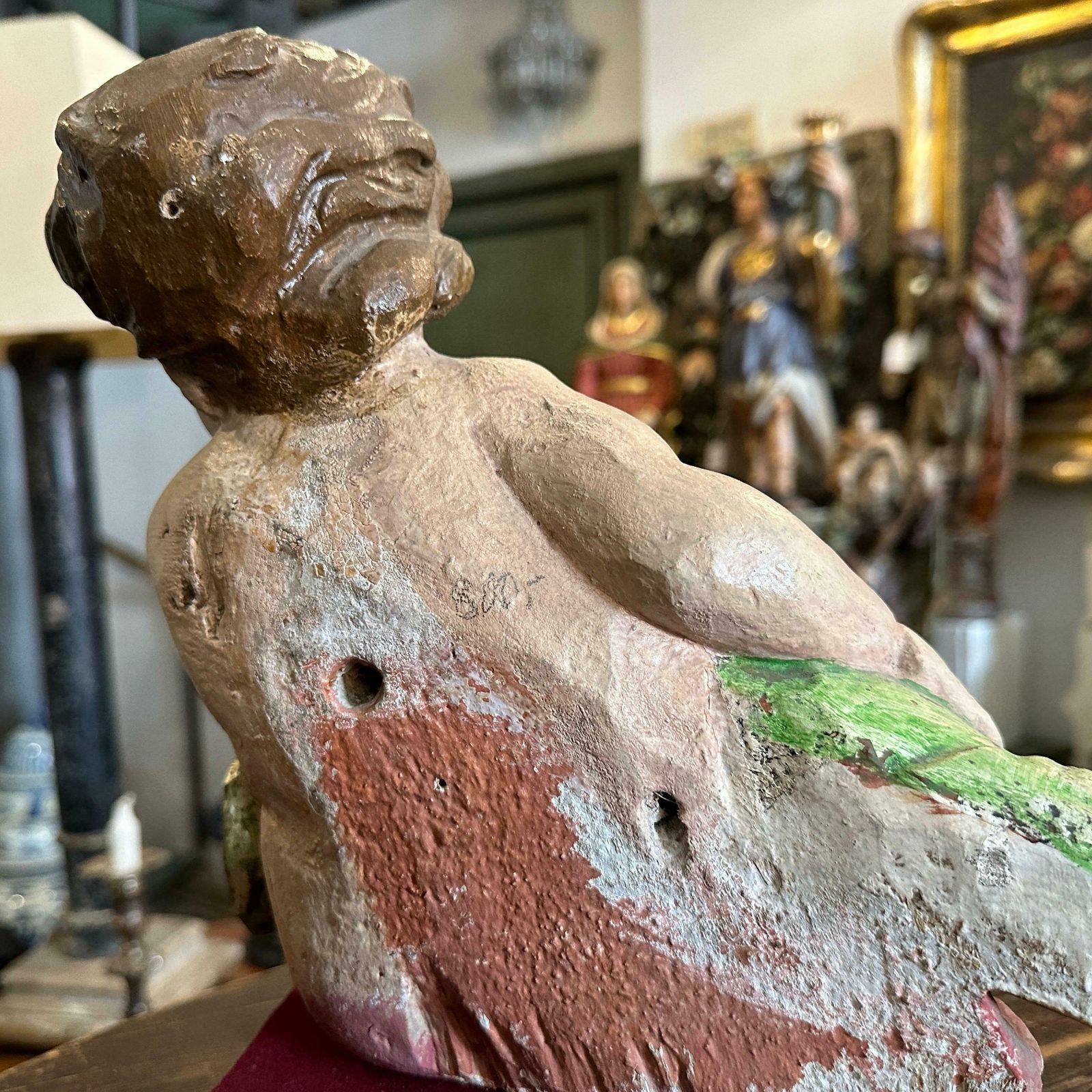 Early 18th Century Hand Carved Polychrome Wood Baroque Italian Cherub photo for sale