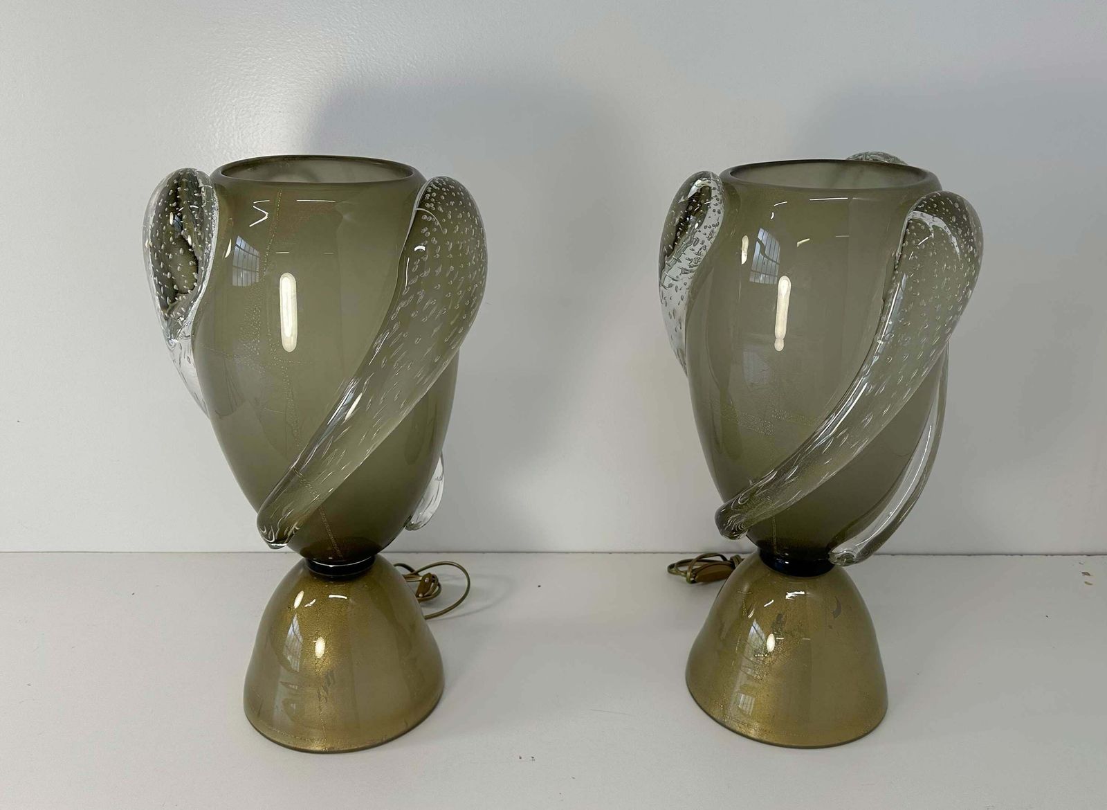 Pair Of Italian Art Deco Style Grey And Gold Leaf Murano Glass Vase Lamps photo furniture