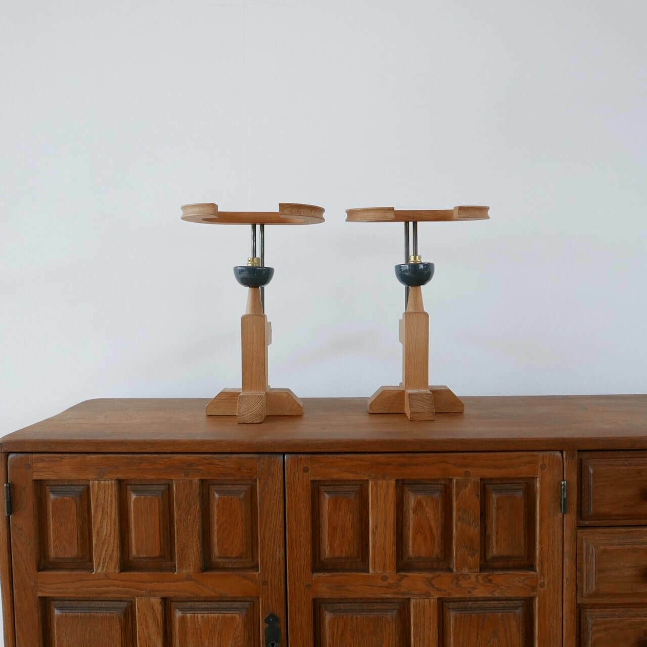 photo furniture Guillerme Et Chambron Oak And Ceramic Mid Century French Table Lamps
