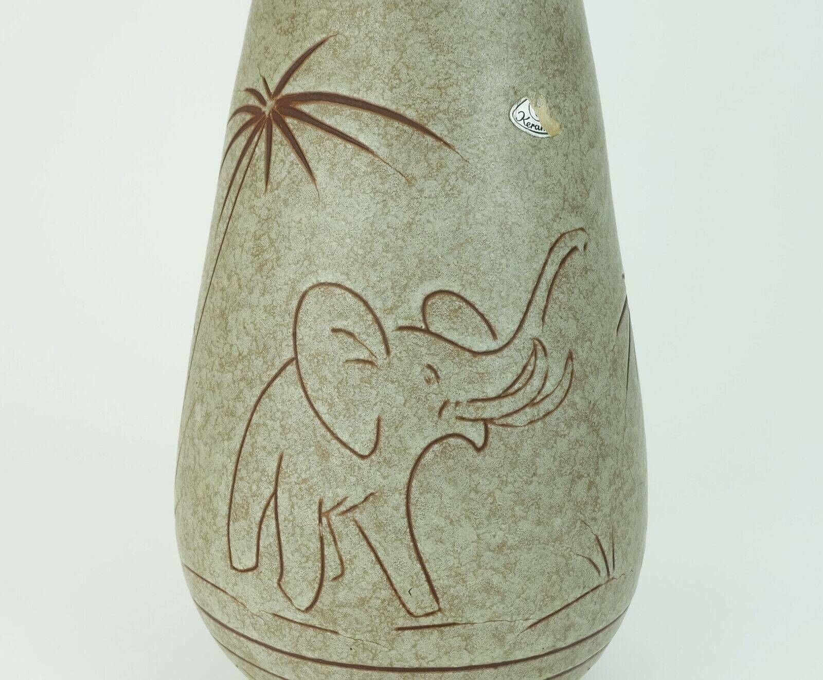 Early 1960s U Keramik Mid Century Ceramic Vase Model No. 137/30 Elephants And Palmtrees Decor photo vintage