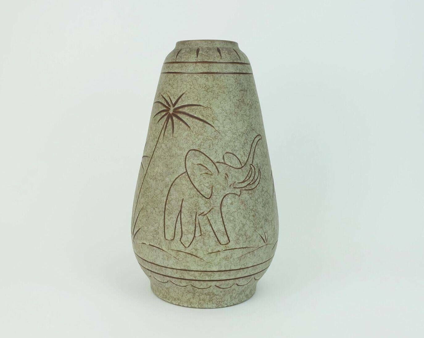 Home Decor Early 1960s U Keramik Mid Century Ceramic Vase Model No. 137/30 Elephants And Palmtrees Decor photo