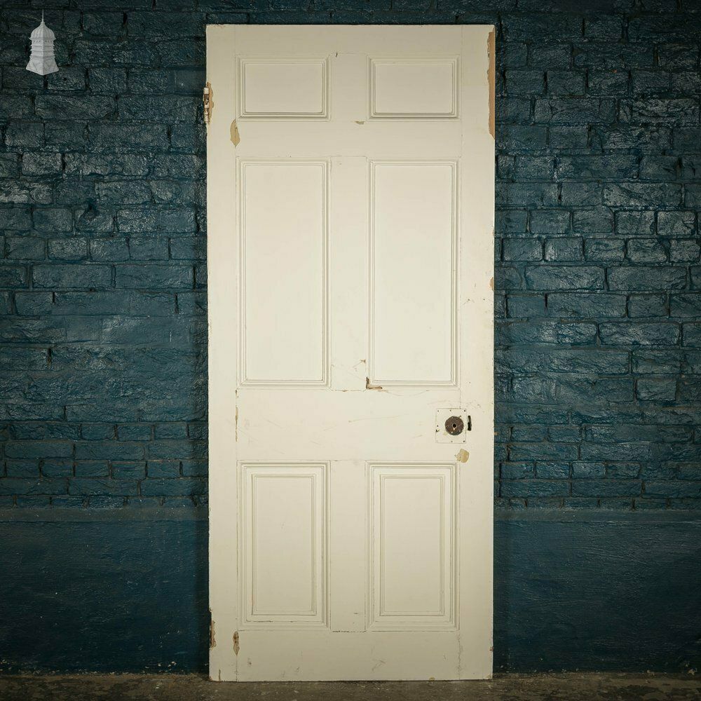 Pitch Pine Paneled Door, 6 Panel White Painted photo for sale