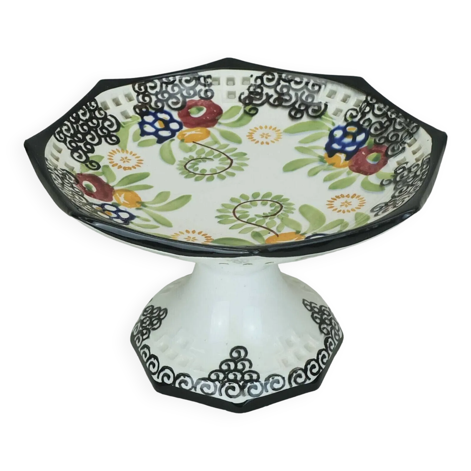 Octagonal Art Deco Bowl Bowl On Feet Schramberg Majolika 1920s Hand Painted Decor