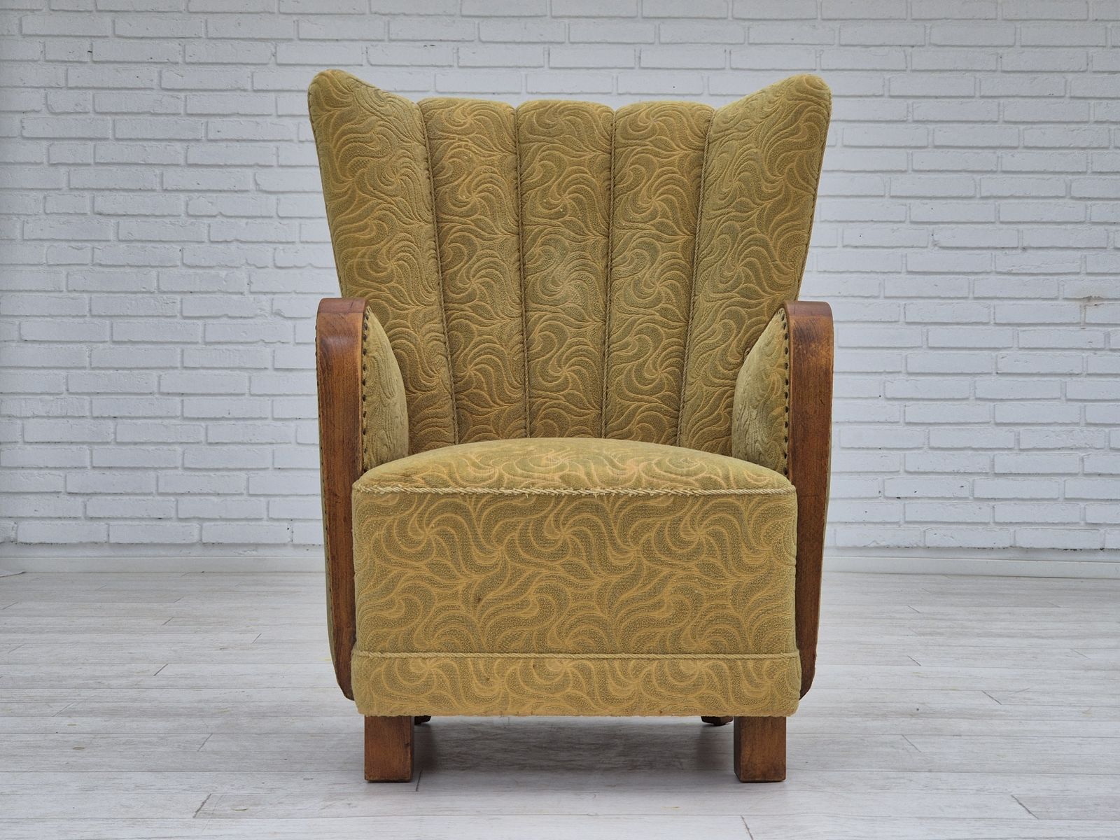 1960s, Danish Highback Armchair, Original Condition, Cotton/Wool. photo for sale
