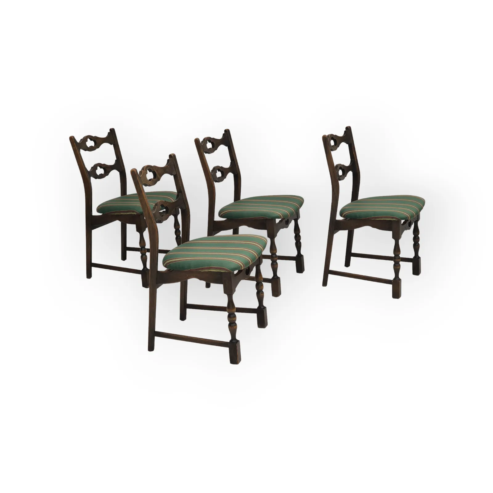 Ca. Jaren 1970, Set Van 4 Deense Eetkamerstoelen, Donker Eikenhout, Meubelwollen Bekleding.