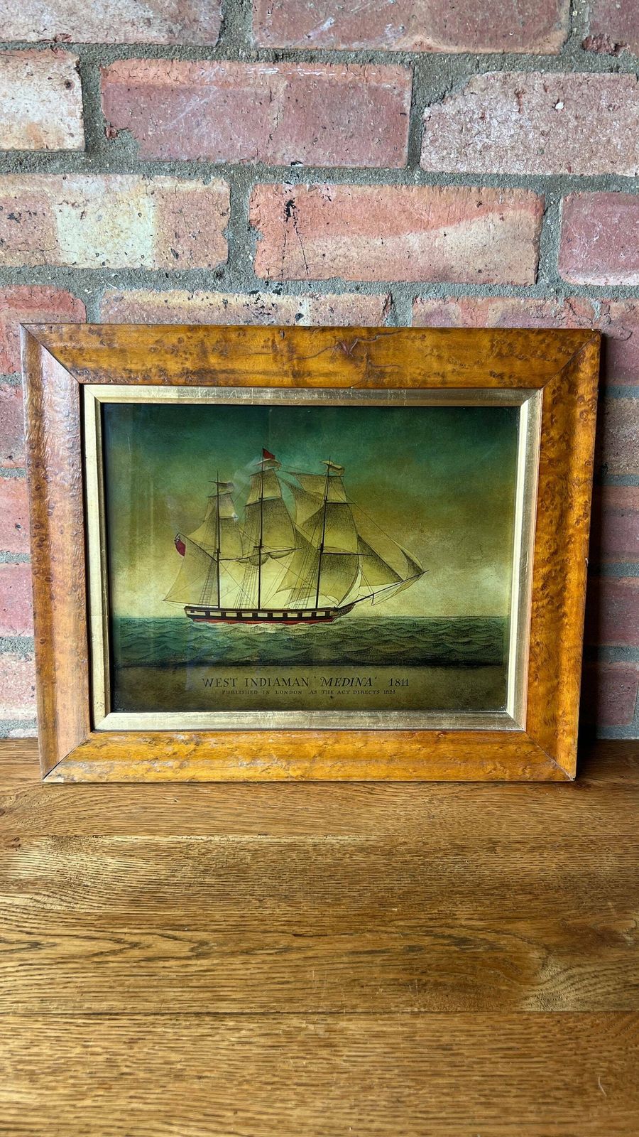 Antique 1823 Framed Reverse Glass Mezzotint Picture Of “Medina” West Indiaman Ship photo furniture