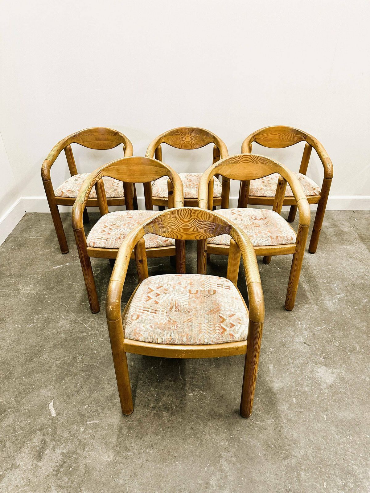 Set Of Six Rainer Daumiller Pine Wood Arm Chairs, 1970s.