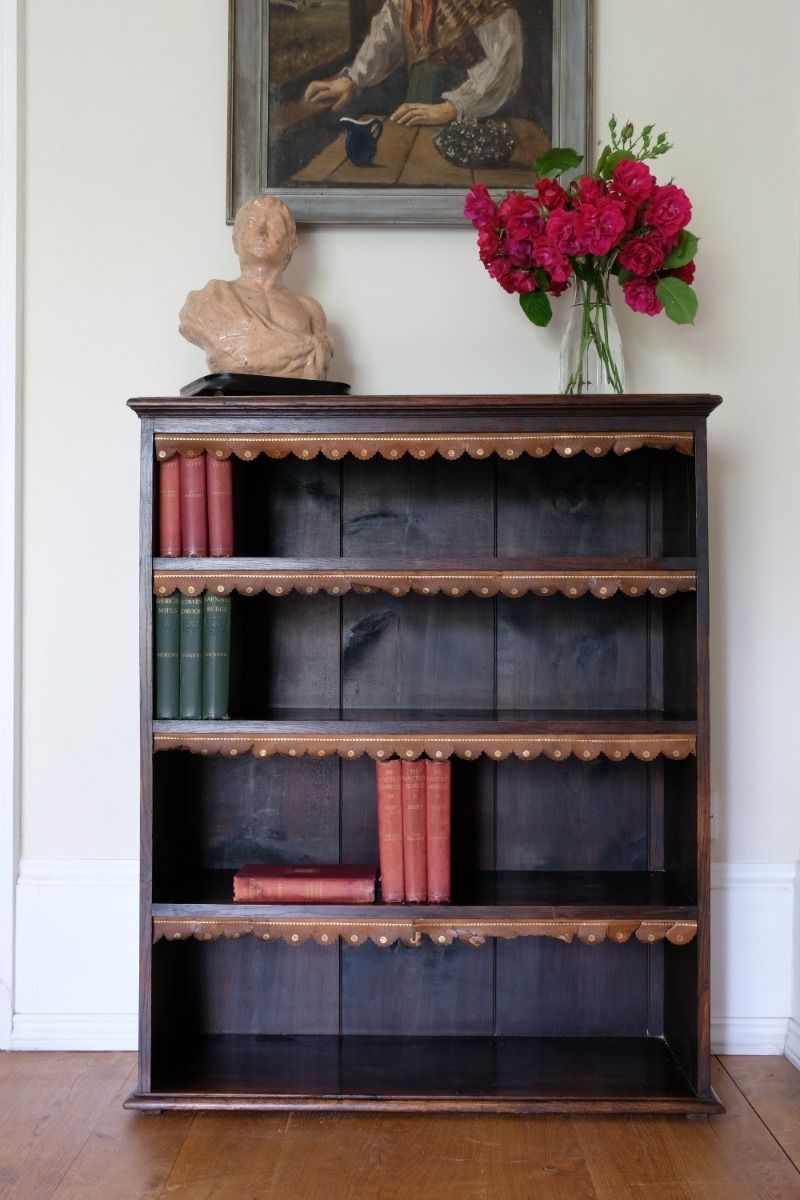Edwardian Carved Bookcase With Leather Dust Cover Fringes photo furniture