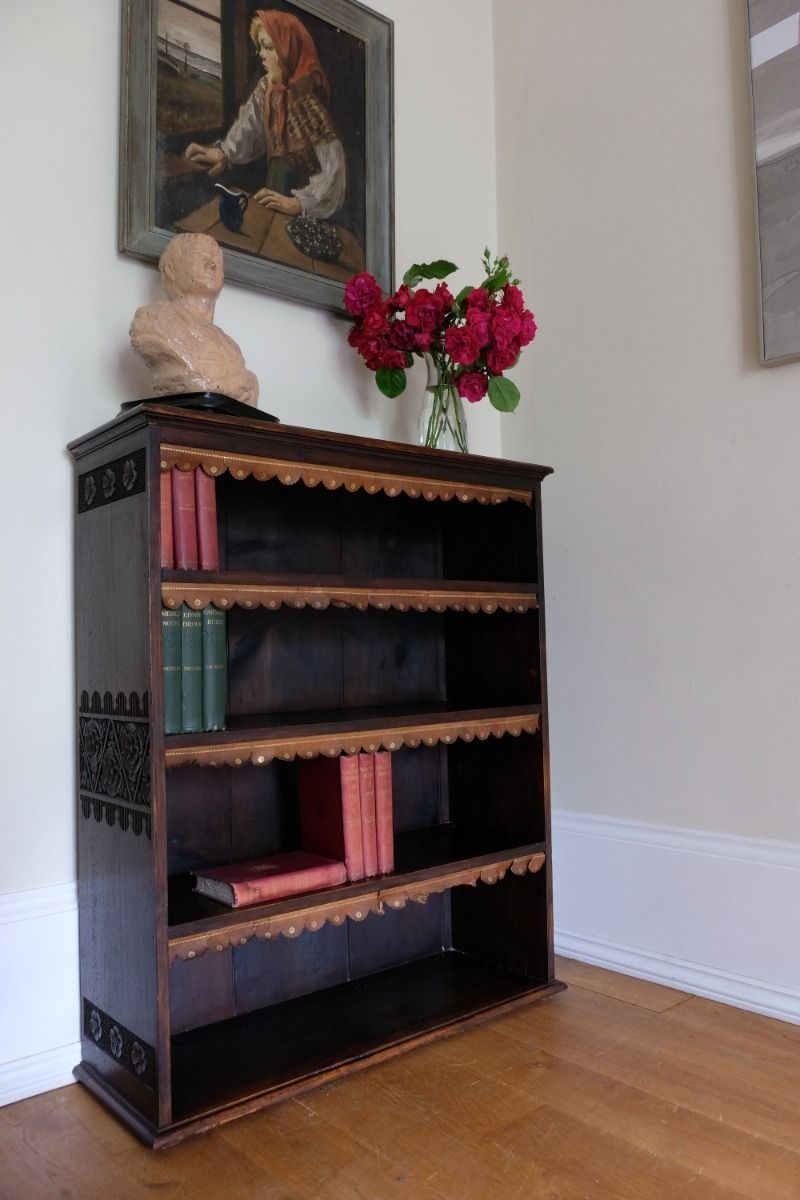 Edwardian Carved Bookcase With Leather Dust Cover Fringes photo for sale