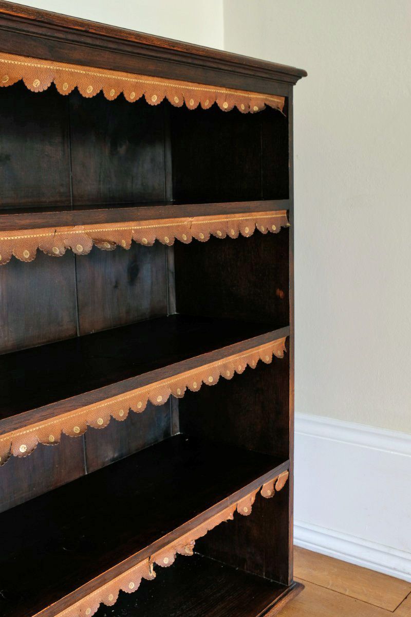 photo furniture Edwardian Carved Bookcase With Leather Dust Cover Fringes
