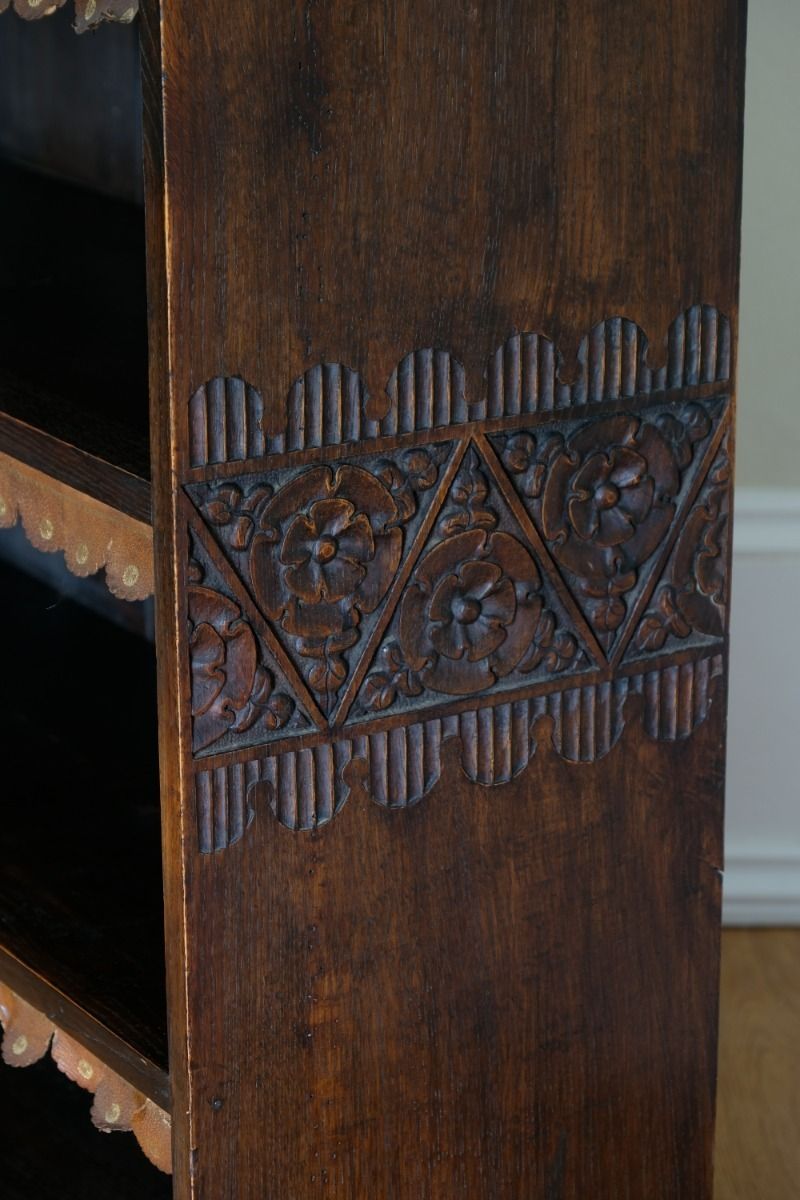 photo for sale Edwardian Carved Bookcase With Leather Dust Cover Fringes