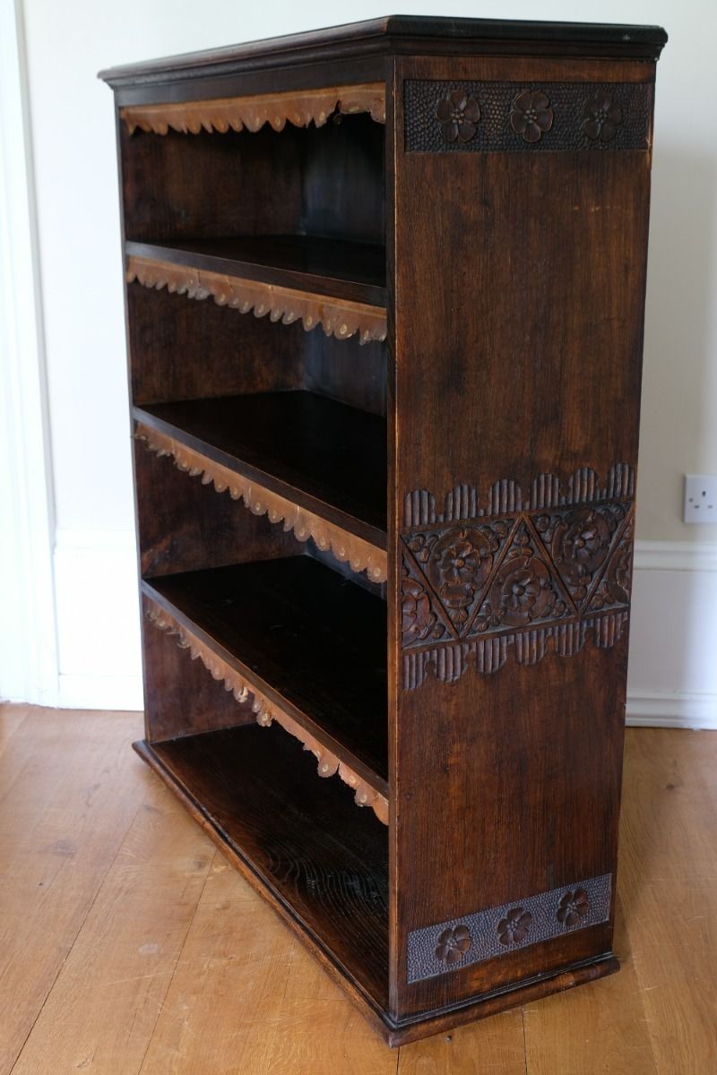 Furniture Edwardian Carved Bookcase With Leather Dust Cover Fringes photo