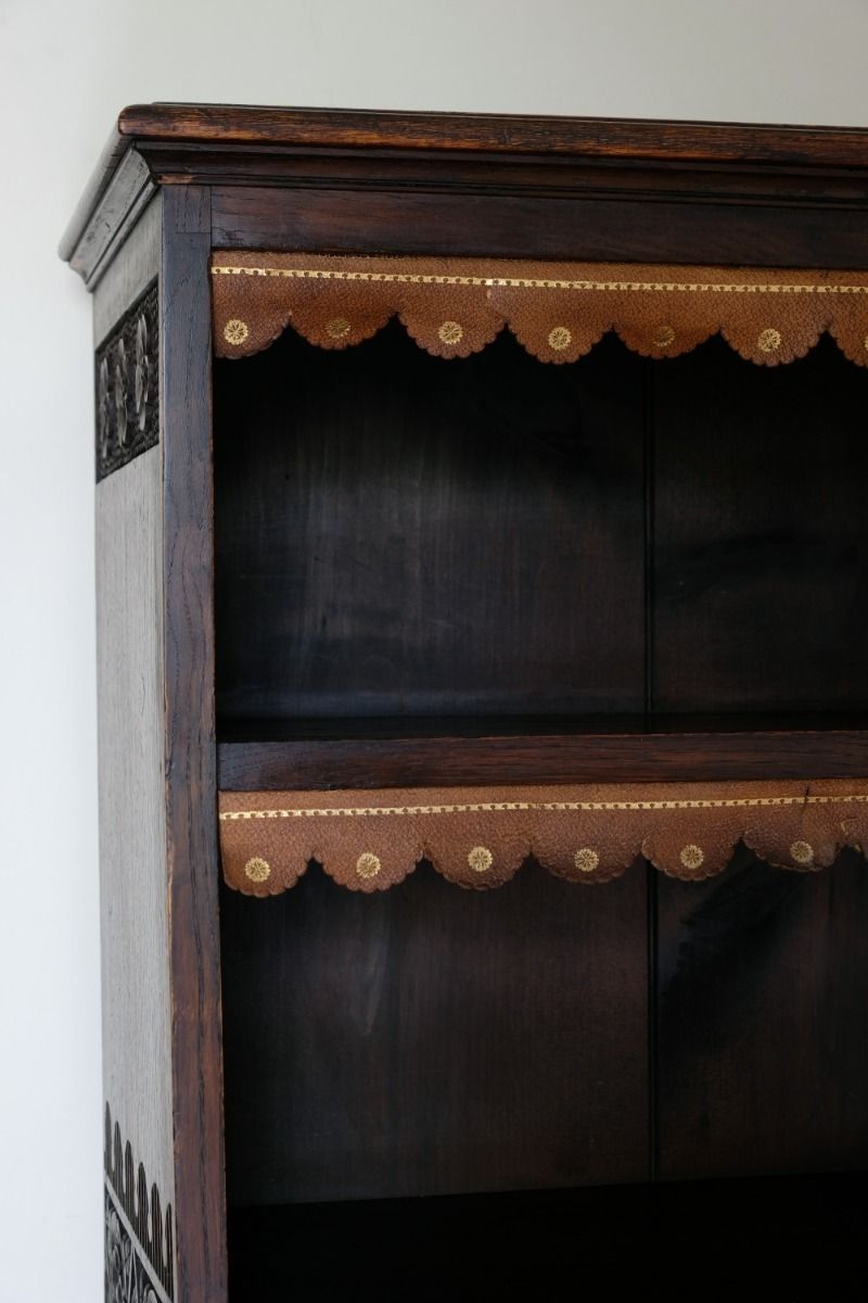 photo vintage Edwardian Carved Bookcase With Leather Dust Cover Fringes