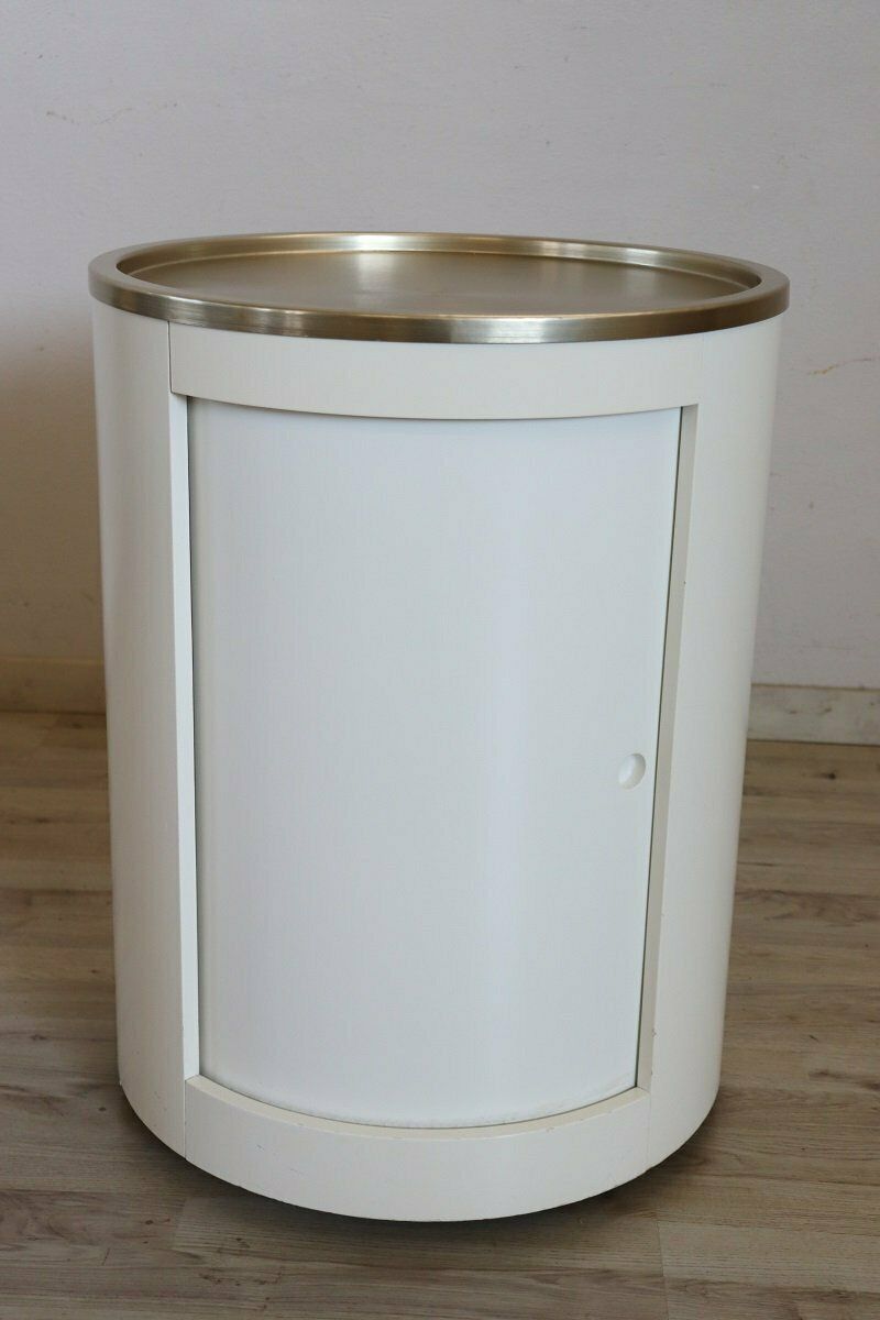 Furniture Space Age White Bar Cart On Wheels With Sliding Door, 1960s photo