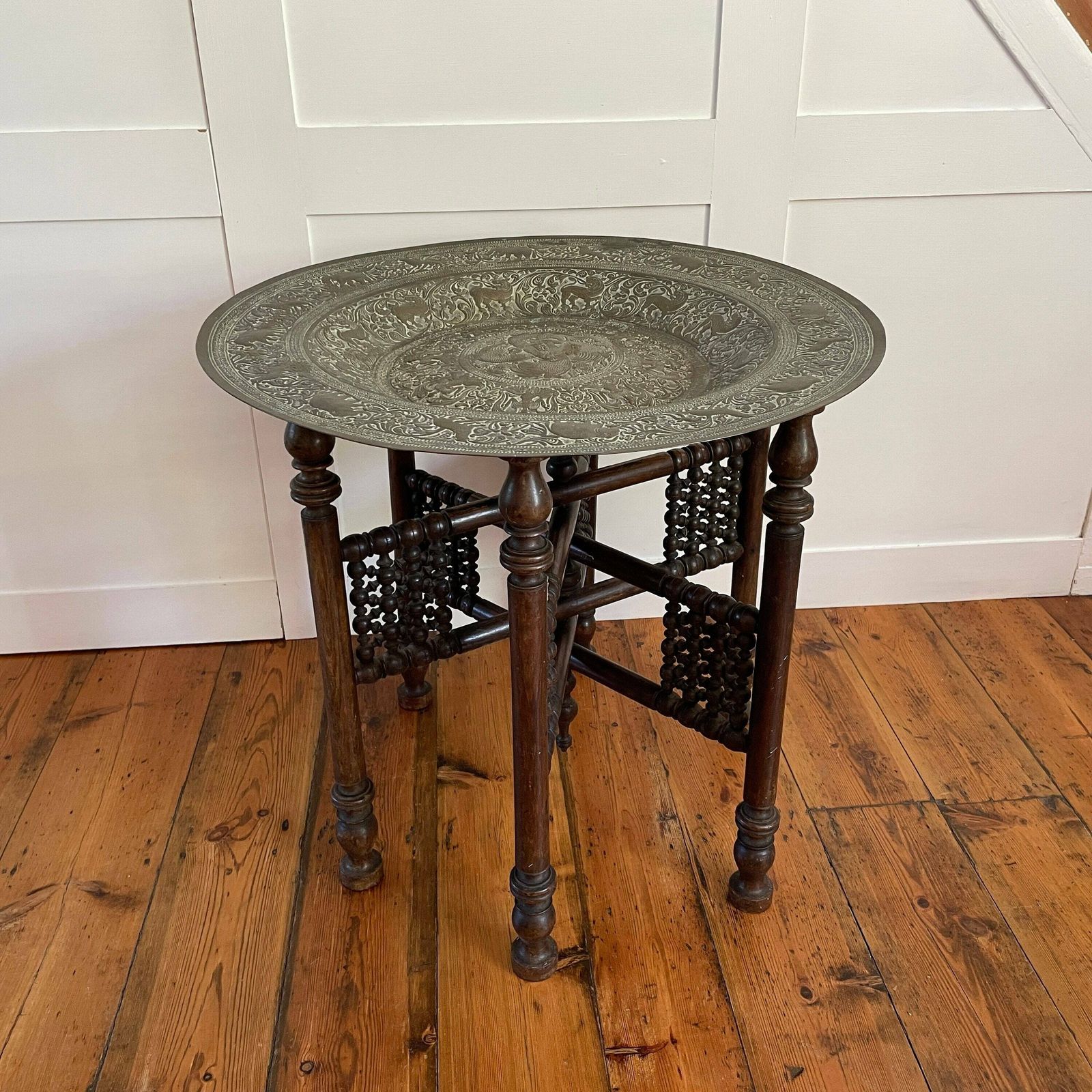 Antique Metal Gold Brass Indian Table Fold Away Patterned Tray Asian Handmade Intricate Decorative Patterned Round Coffee Side Wood Vintage