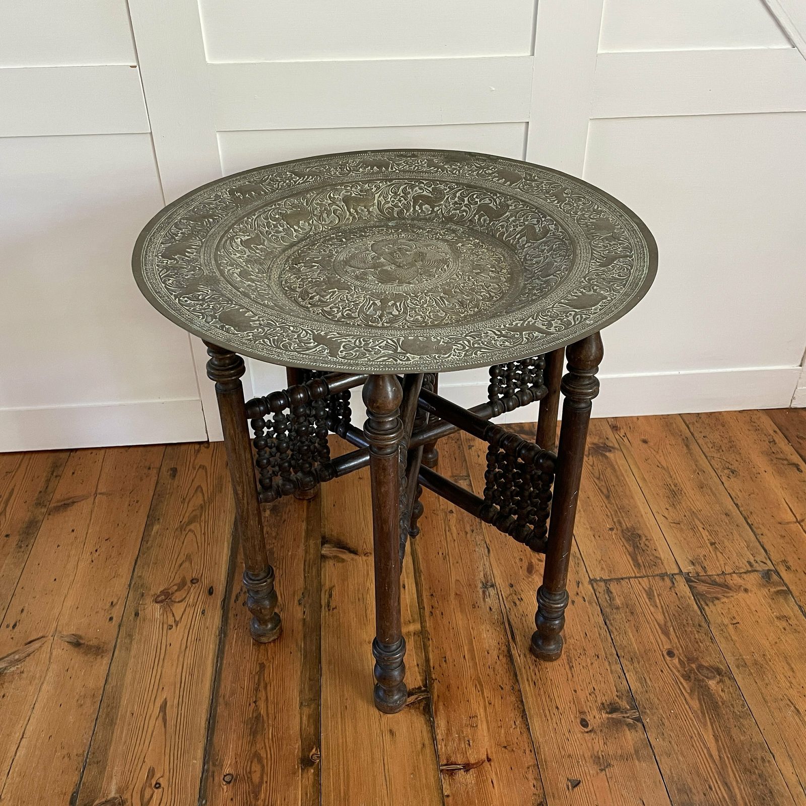 Antique Metal Gold Brass Indian Table Fold Away Patterned Tray Asian Handmade Intricate Decorative Patterned Round Coffee Side Wood Vintage photo vinterior