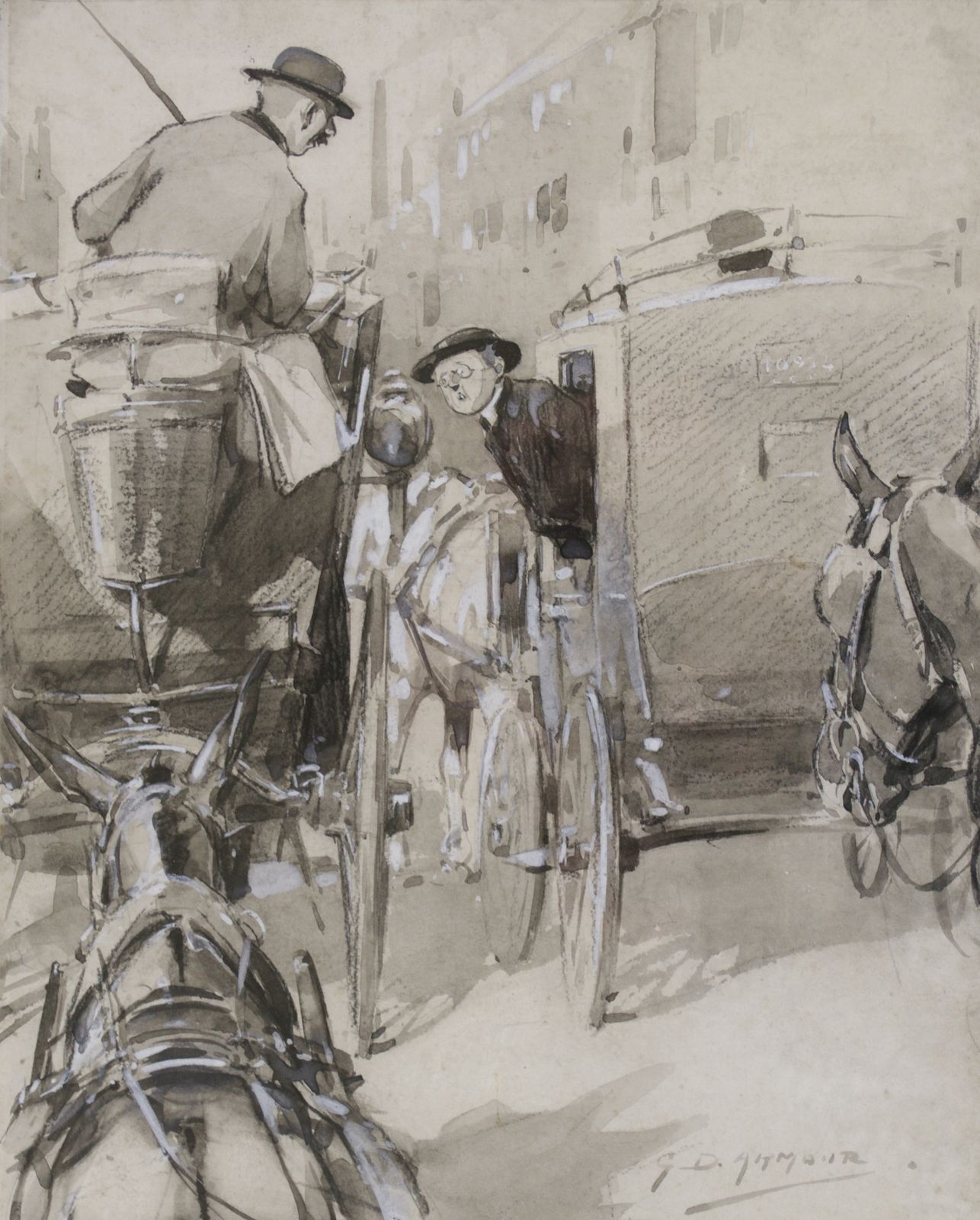George Denholm Armour   Original Watercolour Illustration   Busy London Street Scene