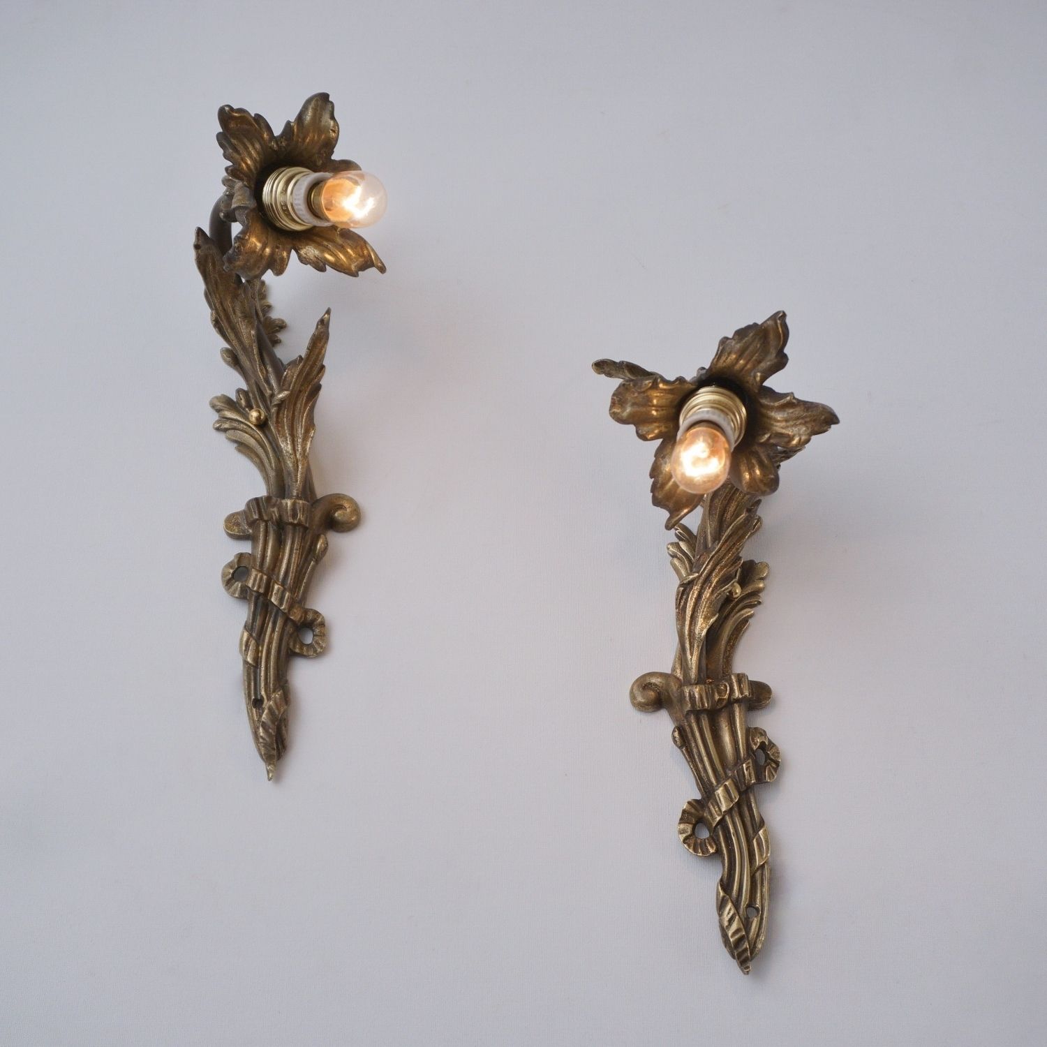 Pair Art Nouveau Wall Lights Sconces, Lily Flower Foliate Decoration In Gilt Bronze, 1890`s Ca, French, Rewired