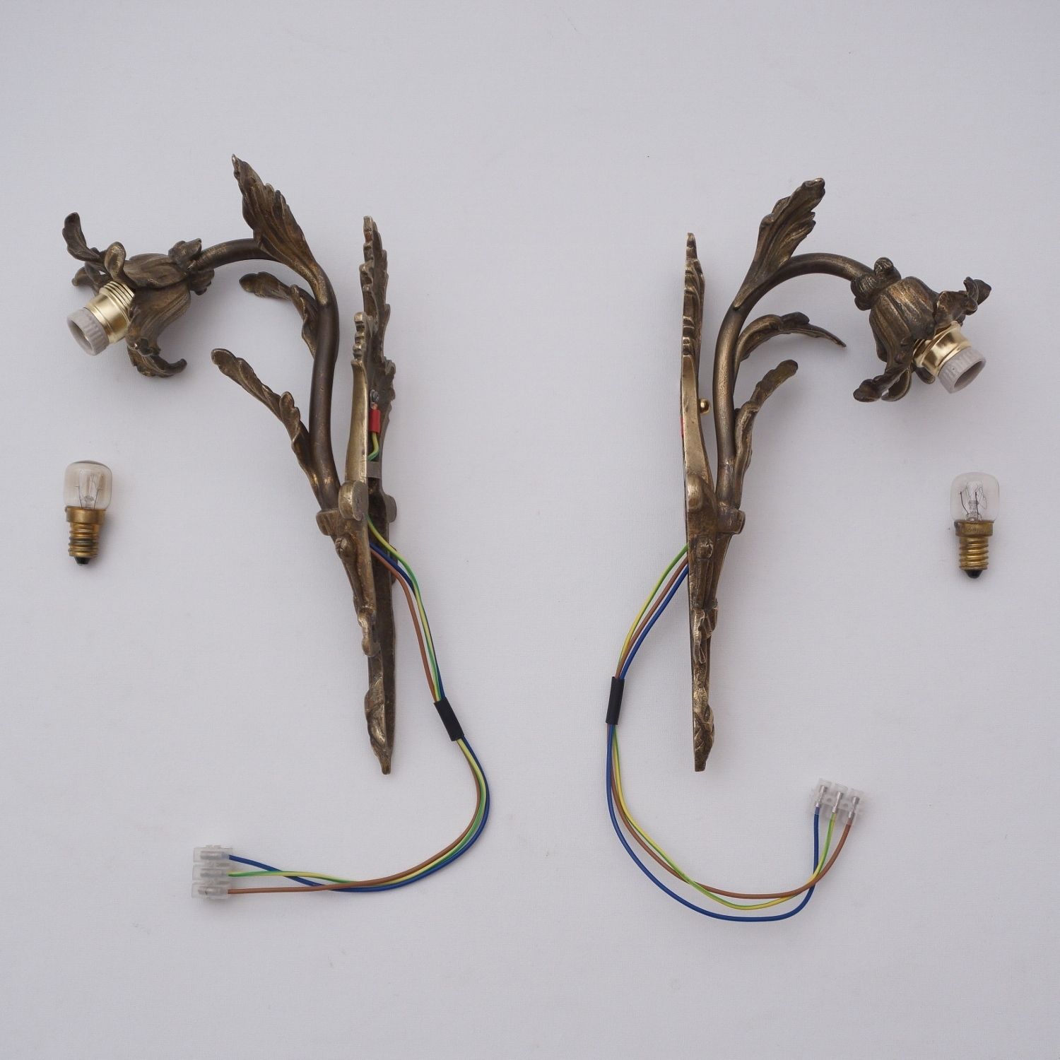photo furniture Pair Art Nouveau Wall Lights Sconces, Lily Flower Foliate Decoration In Gilt Bronze, 1890`s Ca, French, Rewired