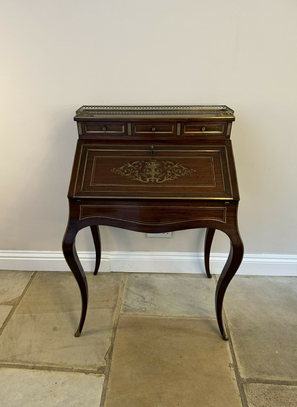 Stunning Antique French Quality Rosewood Brass Inlaid Bureau photo Furniture