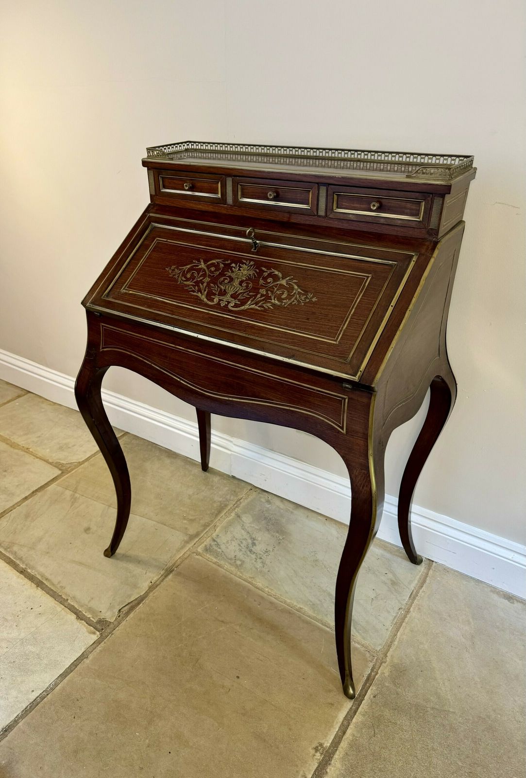 Stunning Antique French Quality Rosewood Brass Inlaid Bureau