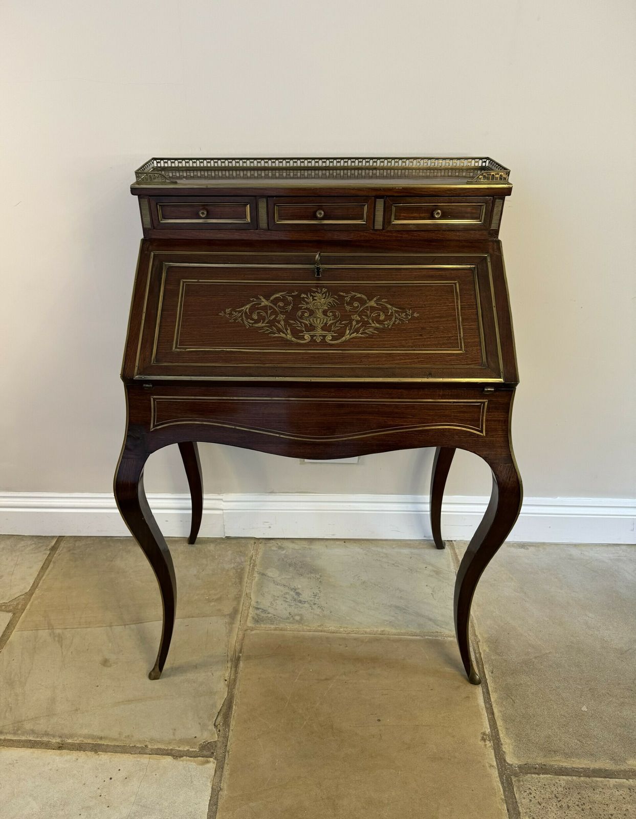 Stunning Antique French Quality Rosewood Brass Inlaid Bureau photo buy