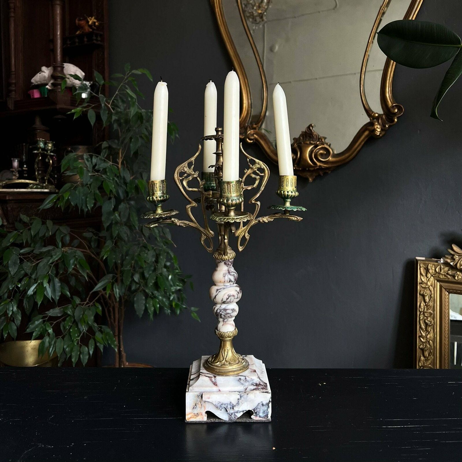 Antique Candelabra, Art Nouveau Candelabra, Antique Candle Holder, Ornate French Marble And Brass Candlestick Holder photo furniture