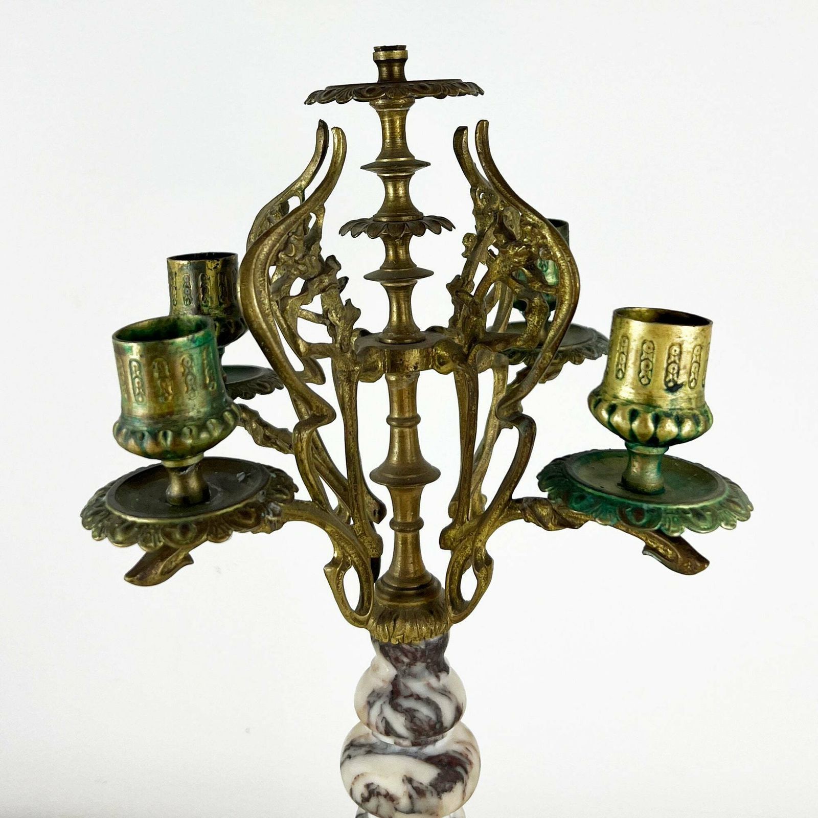 Antique Candelabra, Art Nouveau Candelabra, Antique Candle Holder, Ornate French Marble And Brass Candlestick Holder photo for sale