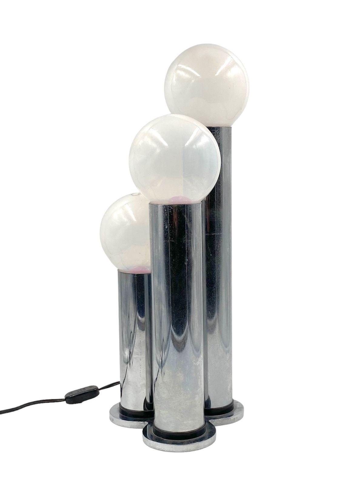 Hollywood Regency 3 Lights Metal And Opaline Glass Table Lamp, Lama, Italy 1970s photo vinterior
