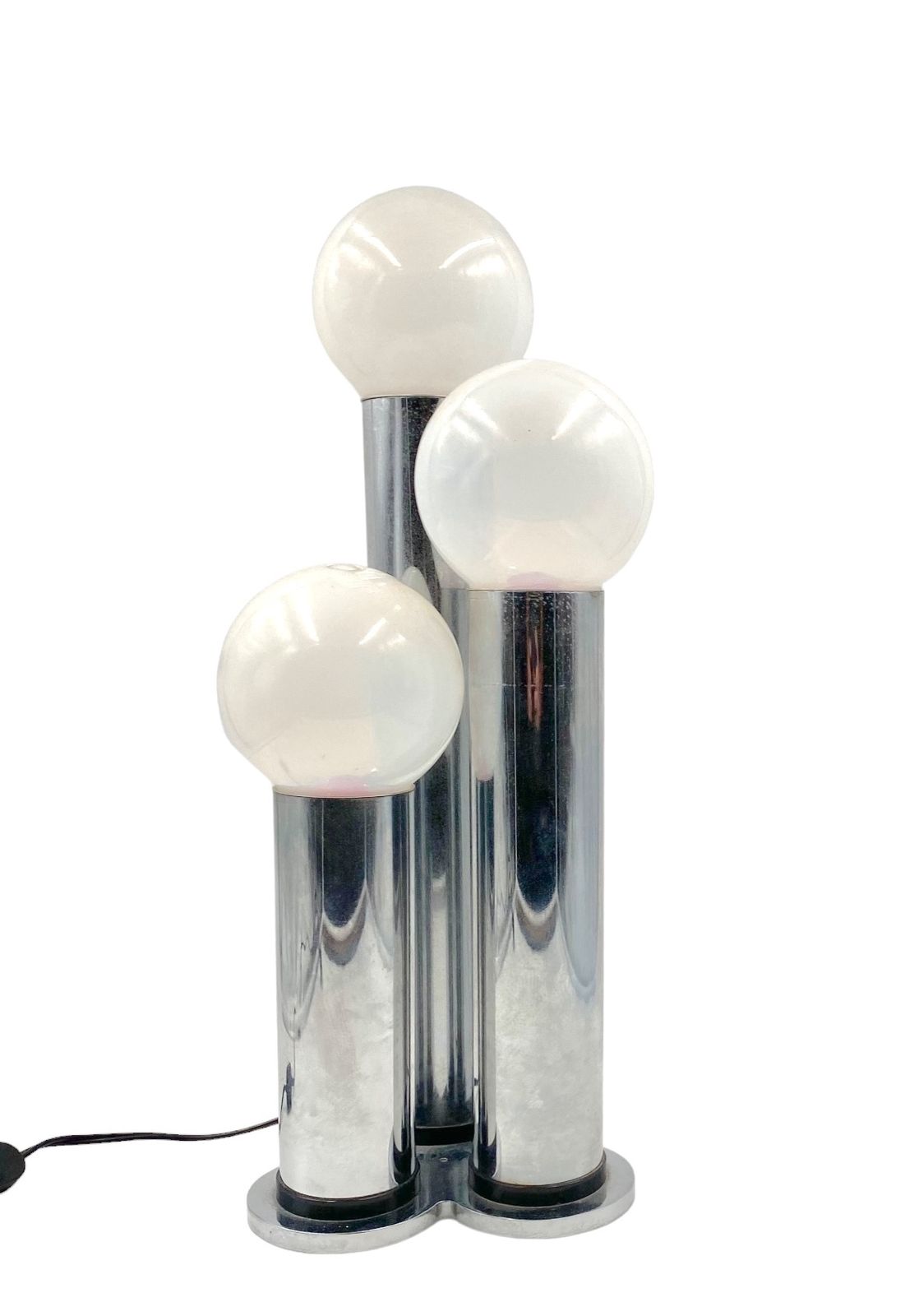 Hollywood Regency 3 Lights Metal And Opaline Glass Table Lamp, Lama, Italy 1970s photo buy
