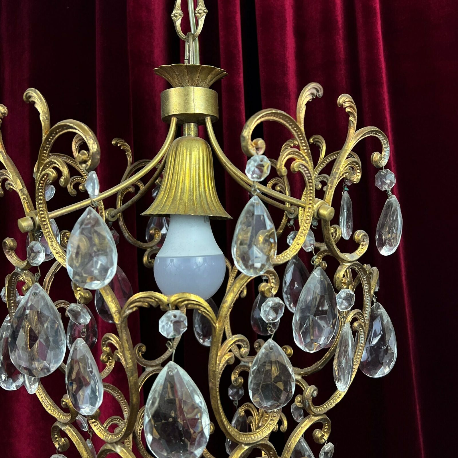 Vintage Chandelier, Antique Brass And Crystal Chandelier, Antique Lighting, Italian Light Fixture photo for sale