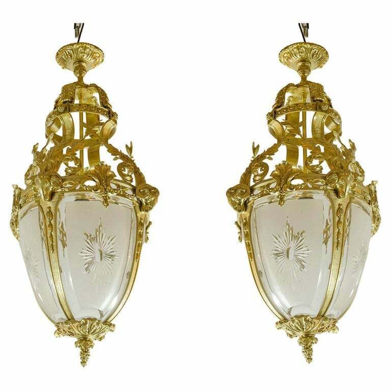 Pair Of Early 20th Century French Cast Bronze And Glass Farole Like Ceiling Lamps