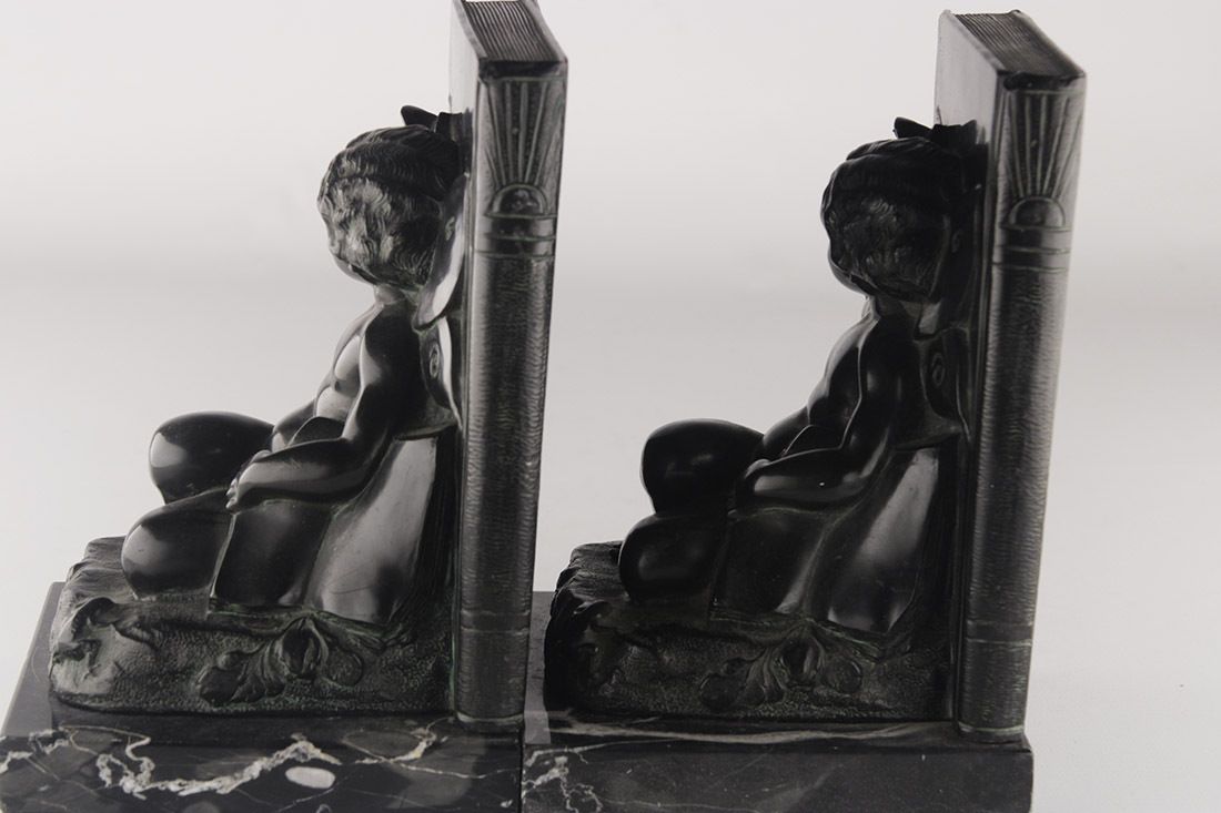 Set Of Early 20th Century French Art Déco Zamac Winged Cherub/Fairy Child Bookends With Marble Base photo furniture