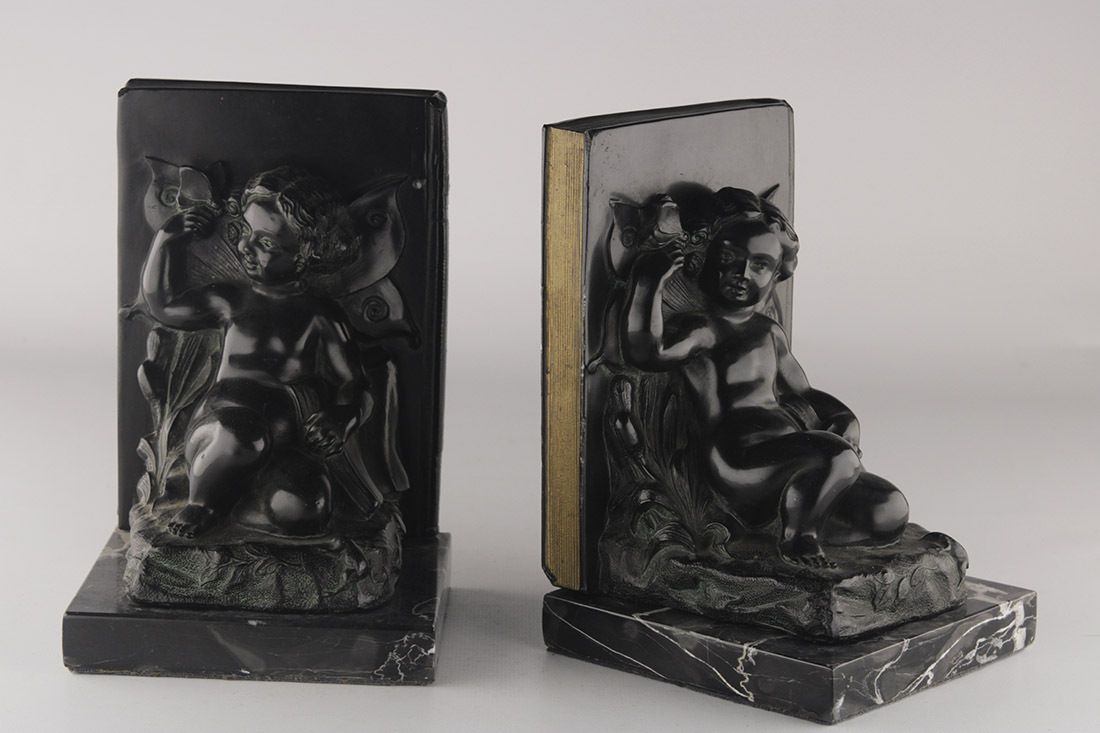 Set Of Early 20th Century French Art Déco Zamac Winged Cherub/Fairy Child Bookends With Marble Base photo Home Decor