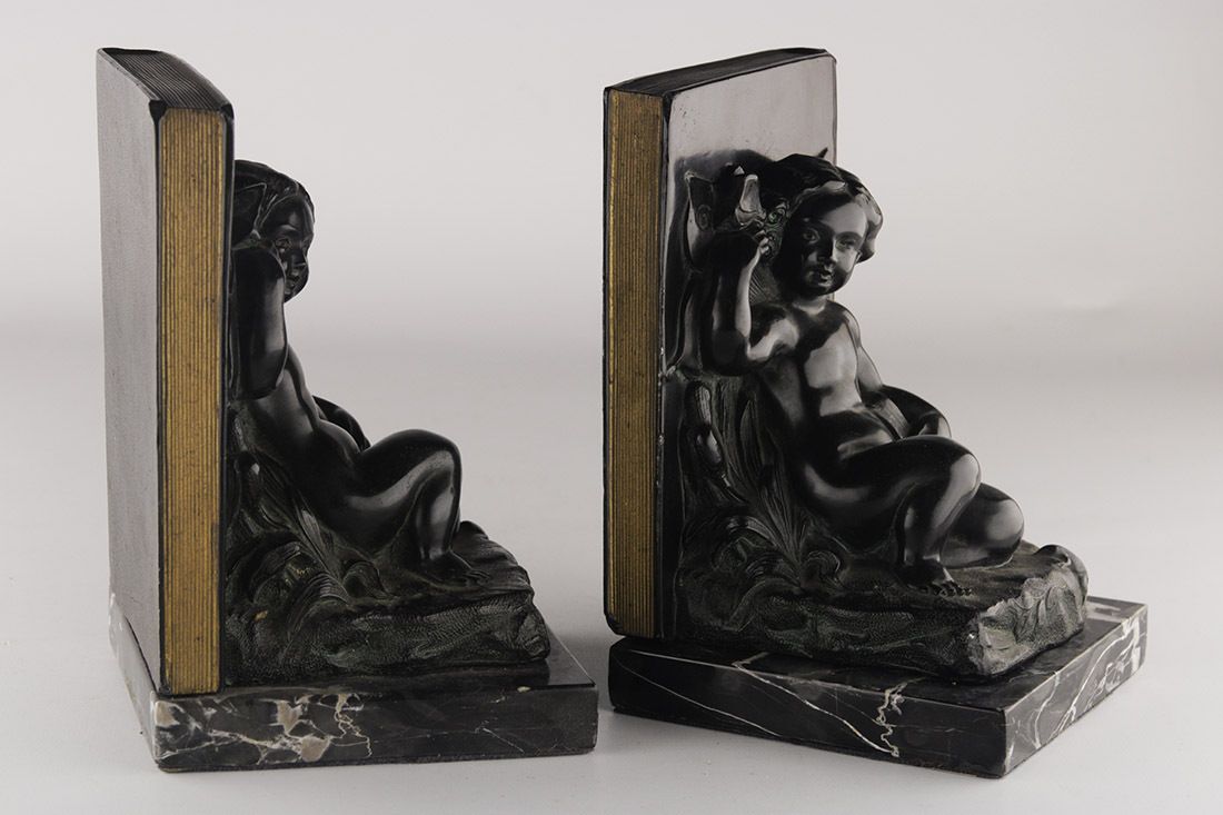 Set Of Early 20th Century French Art Déco Zamac Winged Cherub/Fairy Child Bookends With Marble Base photo vinterior