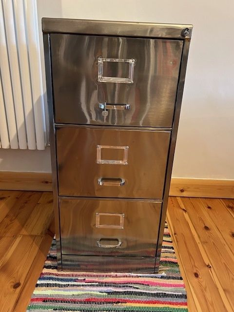 Vintage 1930's 3 Drawer Polished Steel Filing Cabinet (Lockable)
