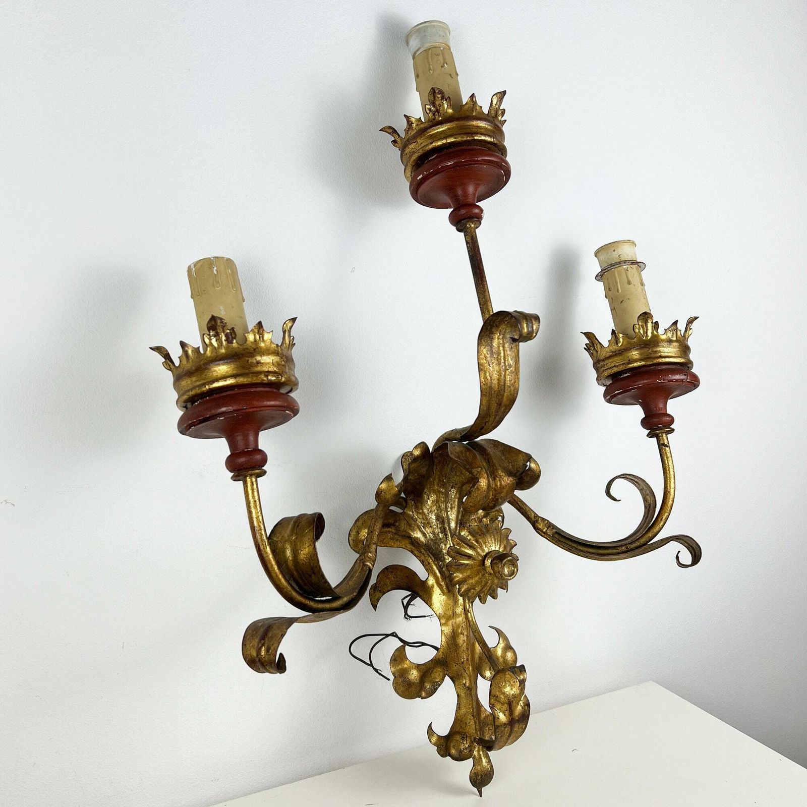 Antique Tole Sconce, Large Italian Gilt Tole Wall Lamp, Florentine Wall Sconce photo furniture