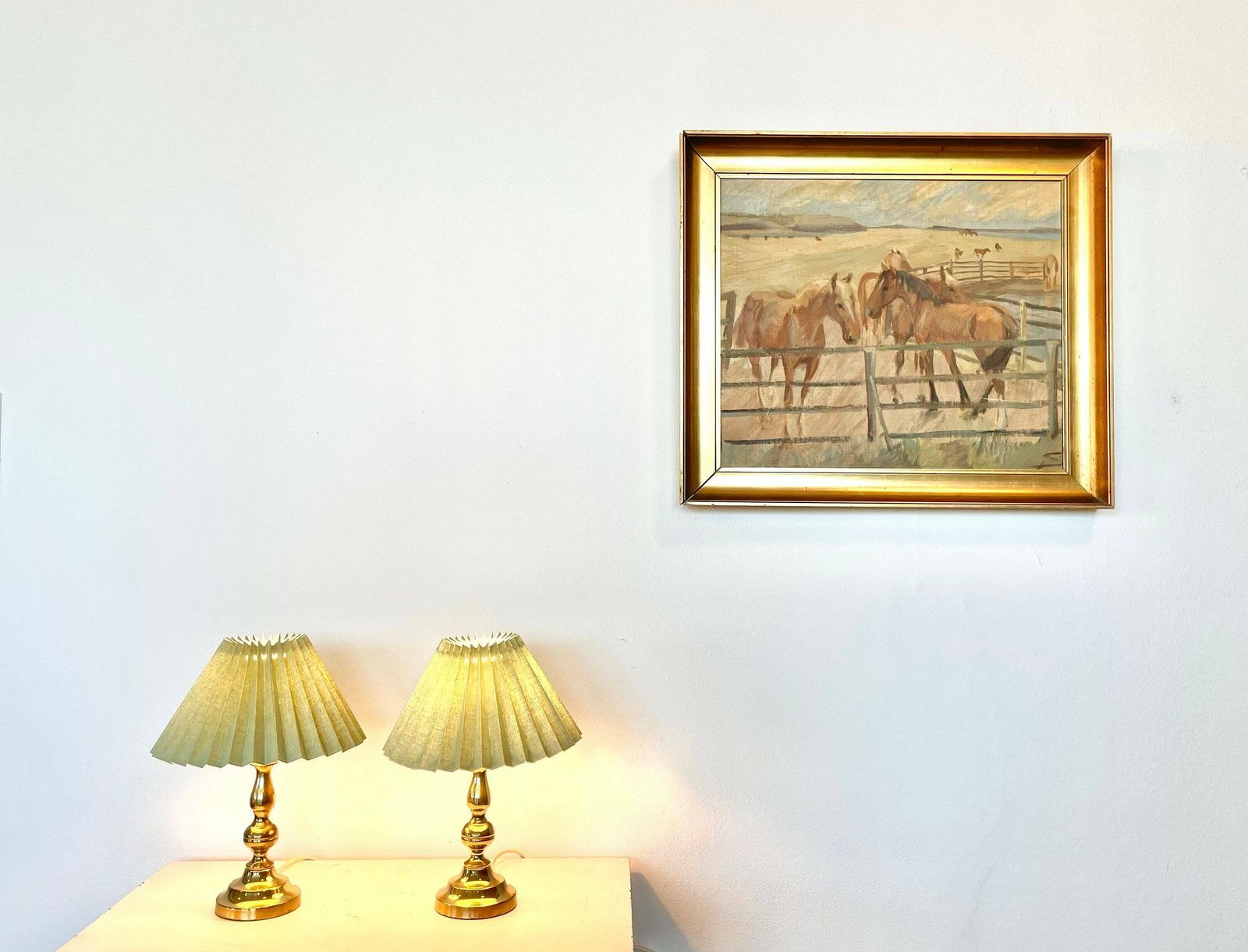 Danish Mid Century Modern 1960s Pair Of Table Lamps In Patinated Brass With Green Shades   Design From Knud Christensen Belysning, Denmark photo 252.0