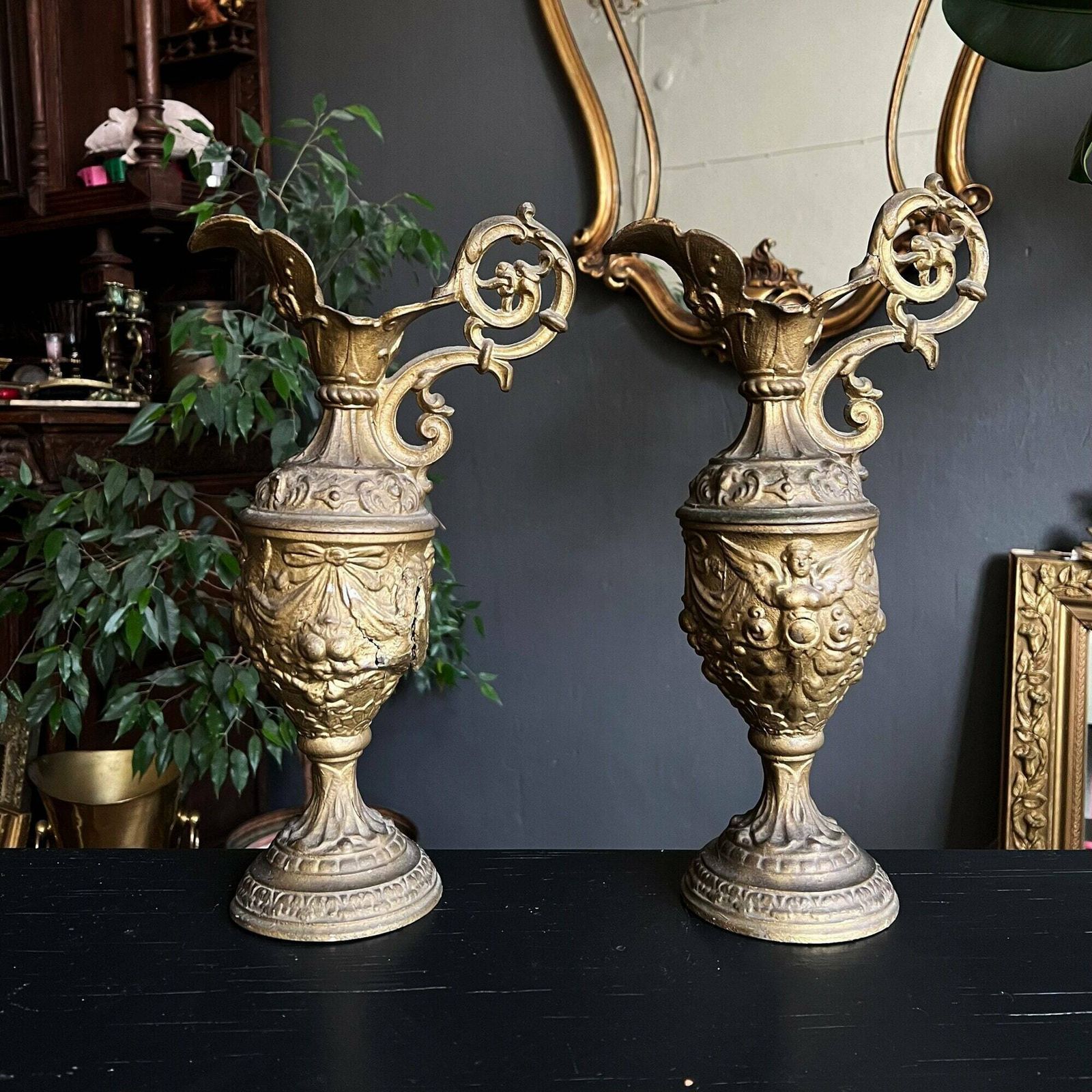 A Pair Of Antique Decorative Ewers, Bronze Painted Antique Pitchers, Lamp Base, Antique Decor