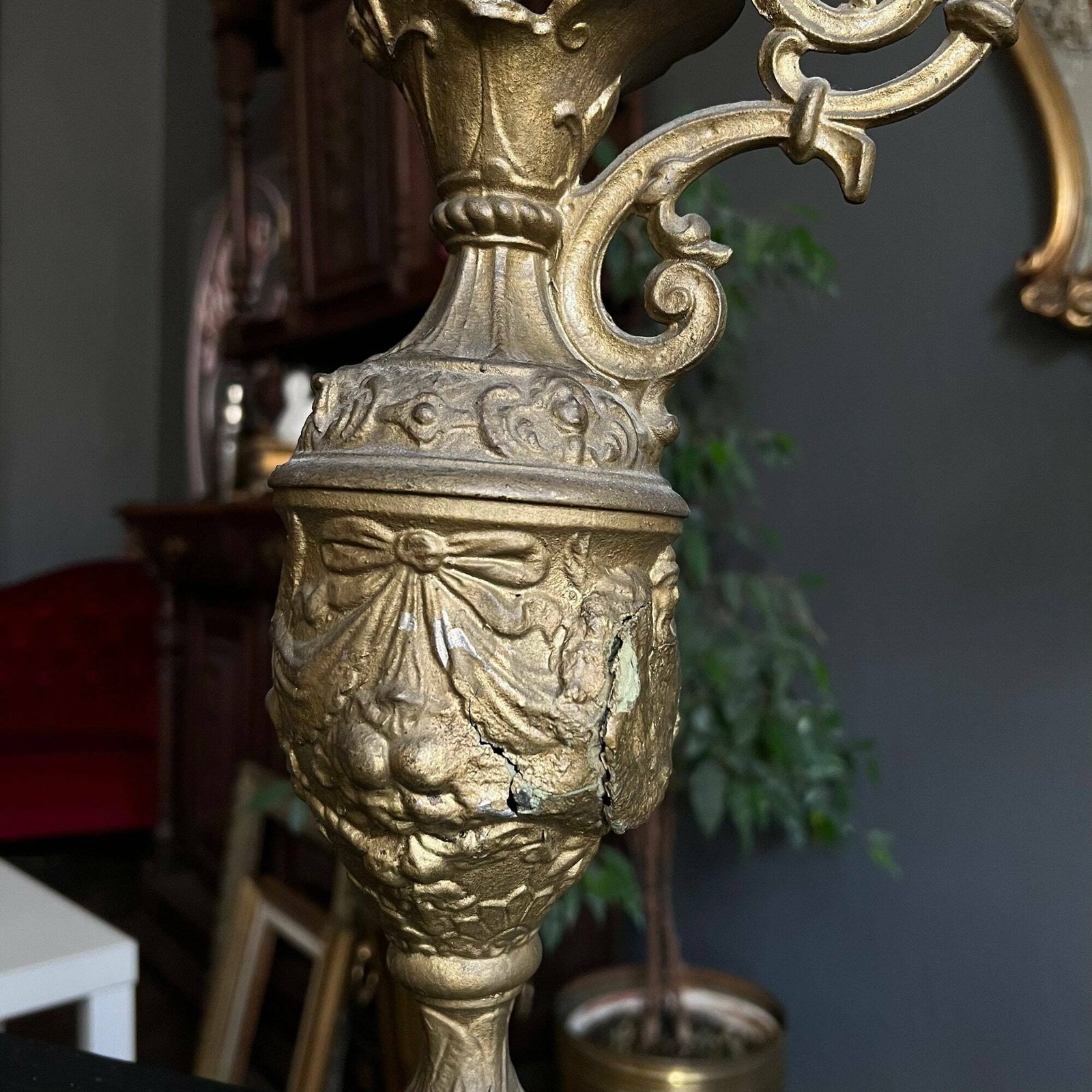 A Pair Of Antique Decorative Ewers, Bronze Painted Antique Pitchers, Lamp Base, Antique Decor photo for sale