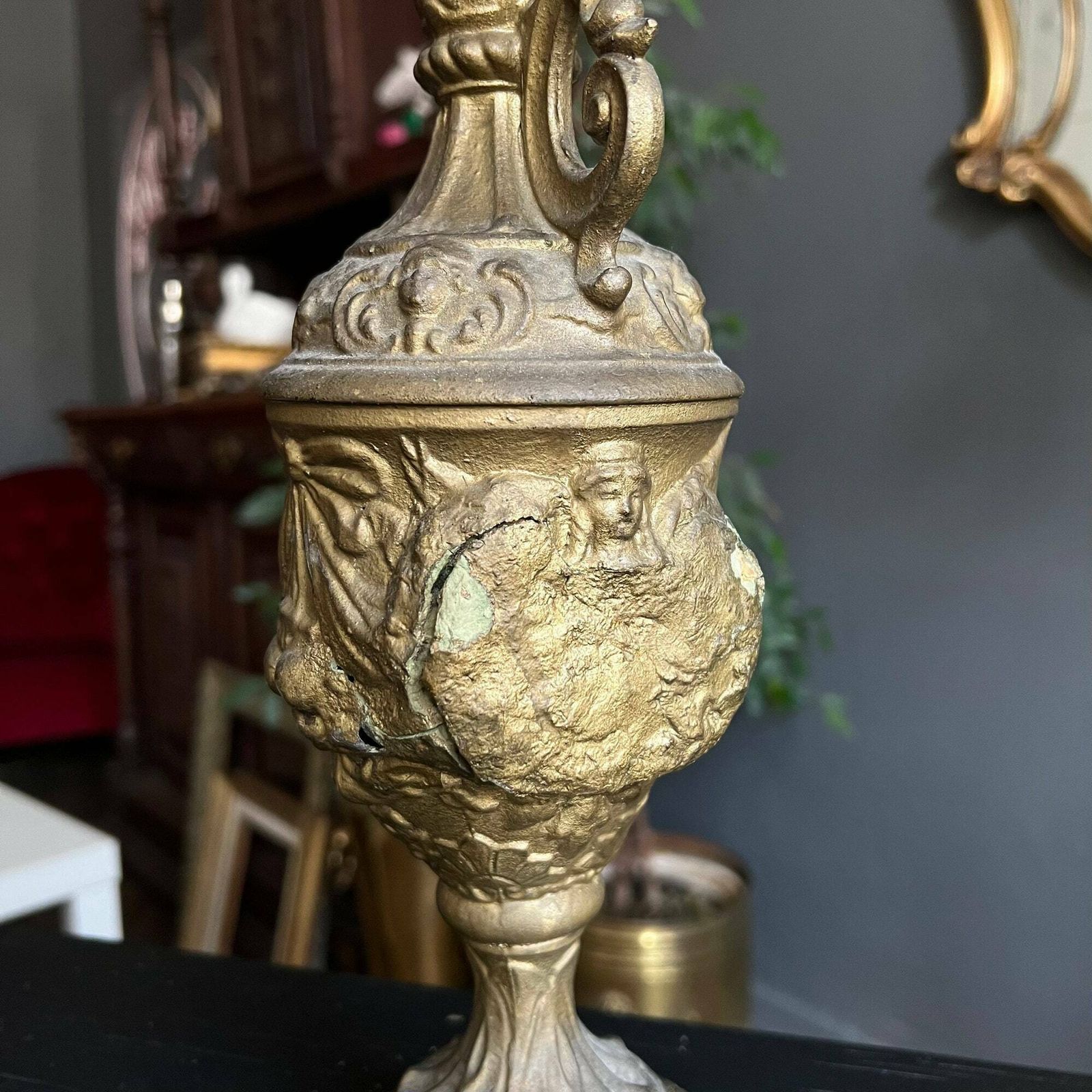 A Pair Of Antique Decorative Ewers, Bronze Painted Antique Pitchers, Lamp Base, Antique Decor photo vinterior
