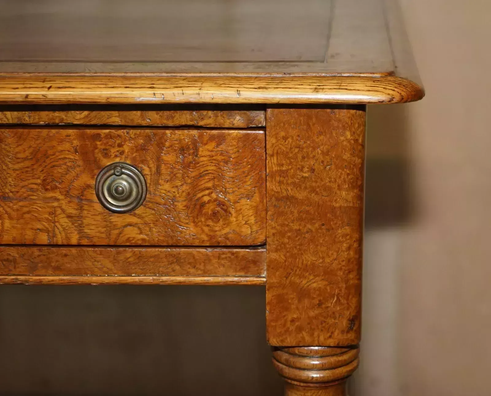 photo furniture Antique Circa 1840 Pollard Oak Brown Leather Top Writing Library Table Desk
