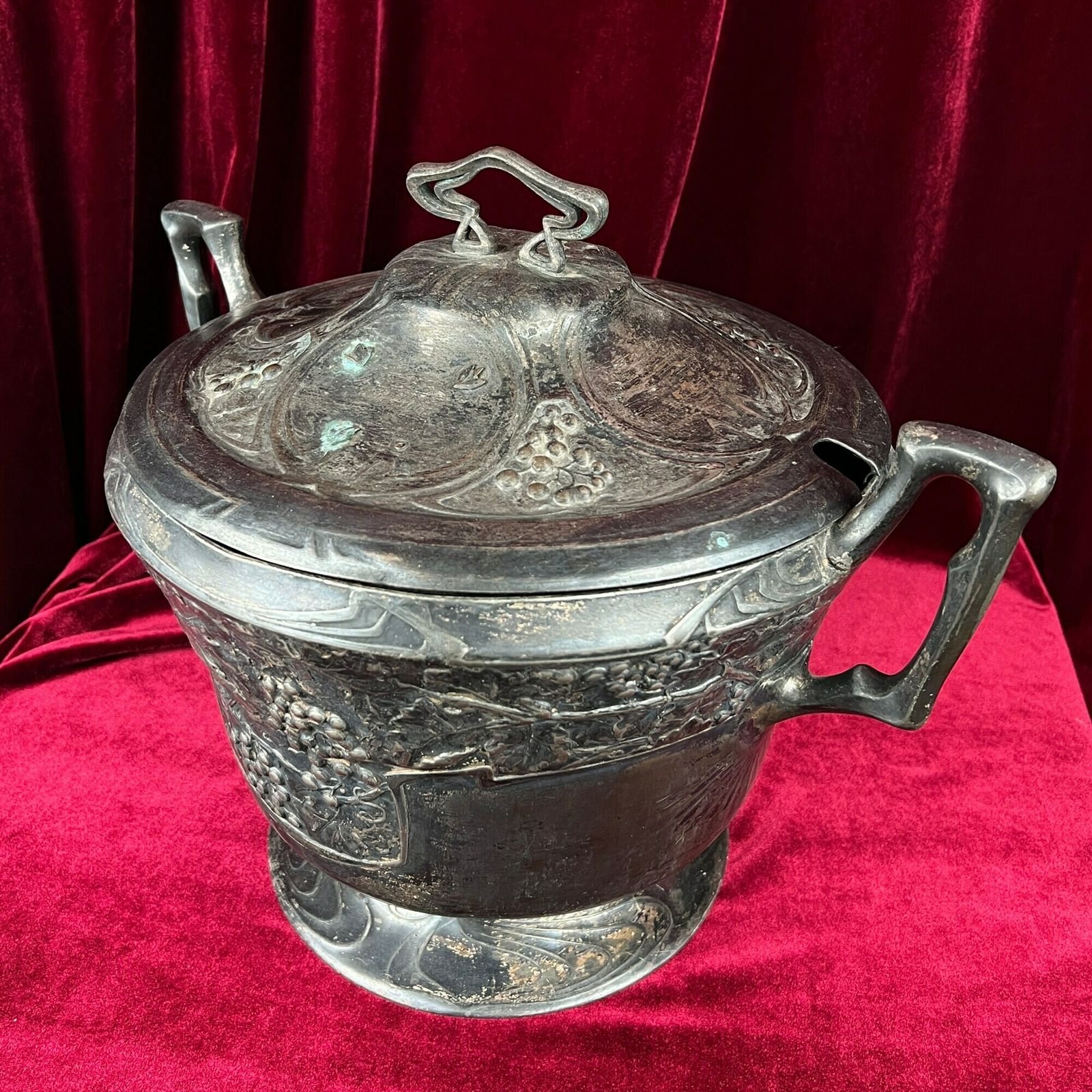 Antique Art Nouveau Soup Bowl, Antique Tureen, Metal Soupiere, Art Nouveau Decor, Metal Terrine, Lidded Dish Serving photo for sale