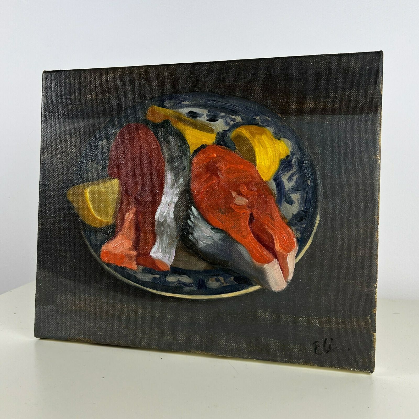 Original Oil Painting, Still Life With Salmon Steaks On A Plate, Oil On Canvas Small Painting photo Art