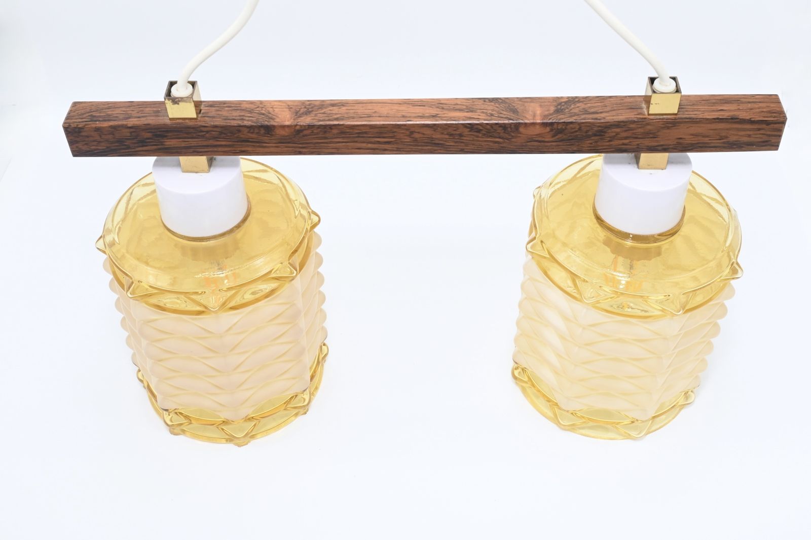 Vintage Midcentury Wood With Glass Double Hanging Lamp, Sweden 1960s photo vintage