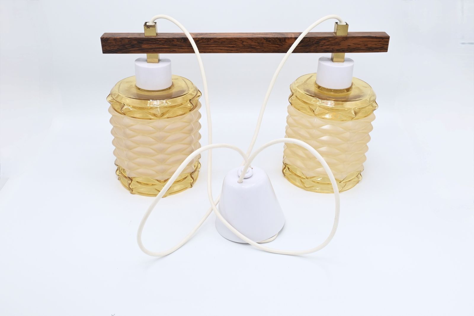 photo for sale Vintage Midcentury Wood With Glass Double Hanging Lamp, Sweden 1960s