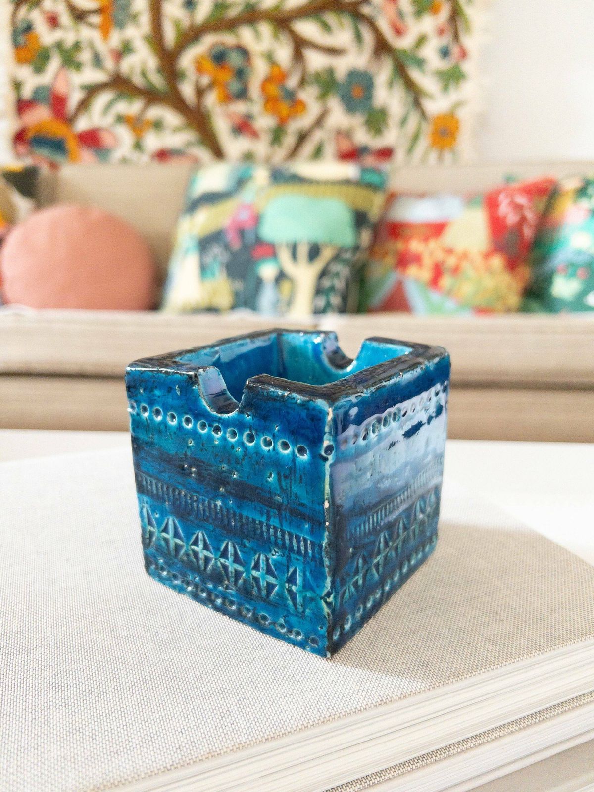 Bitossi Rimini Blu Ashtray By Aldo Londi   Blue Italian Mid Century Ceramic Square Block Ashtray photo for sale