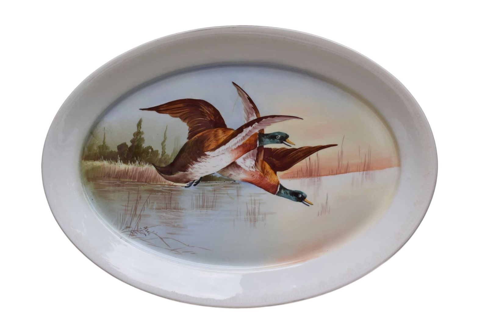 French Antique Gda Limoges Porcelain Very Large Oval Platter   Sauce Meat Dish   Hand Painted Flying Ducks Signed