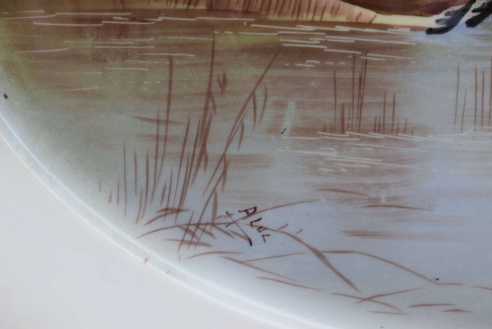 French Antique Gda Limoges Porcelain Very Large Oval Platter   Sauce Meat Dish   Hand Painted Flying Ducks Signed photo for sale