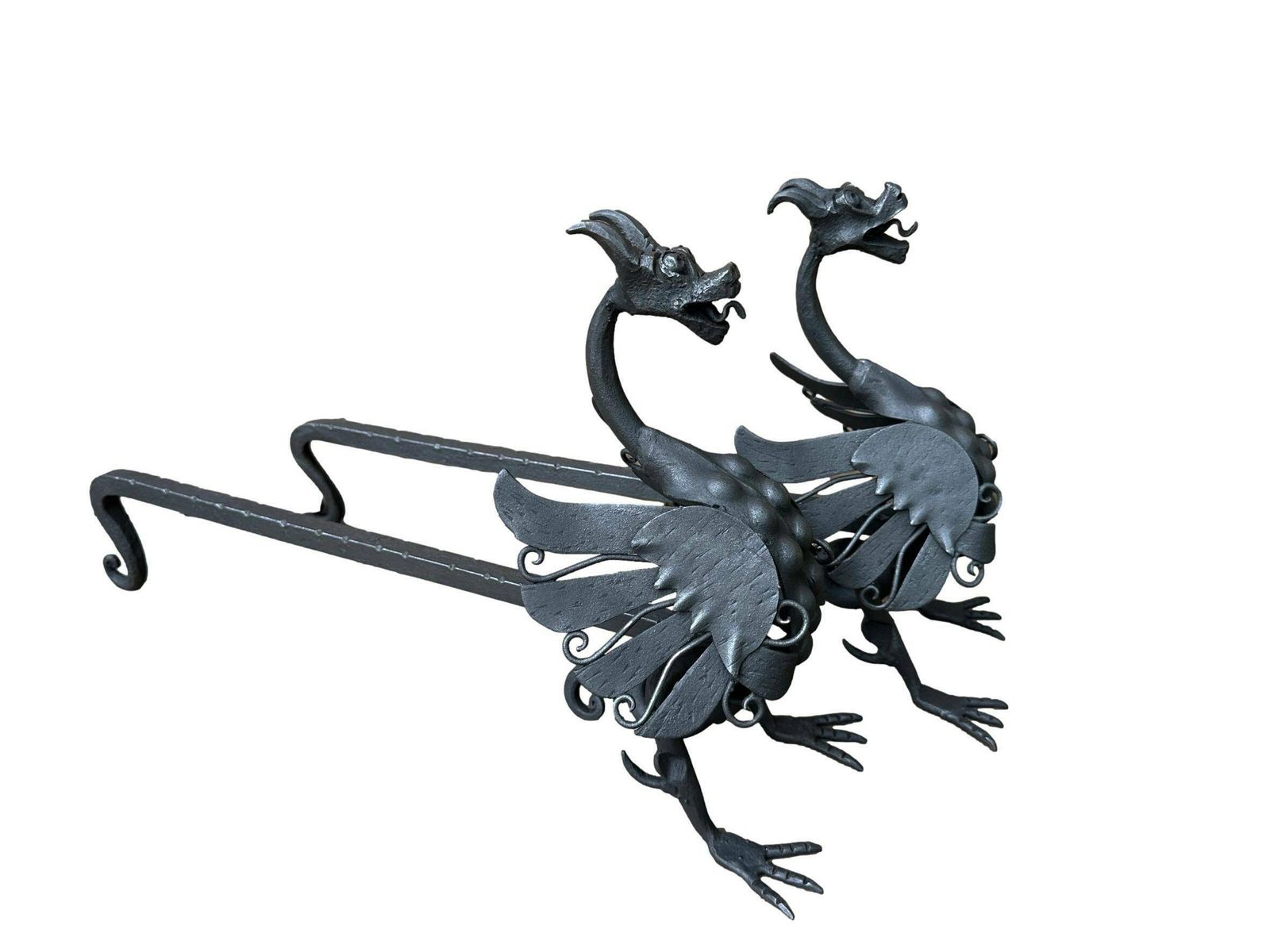 Antique Pair Of Wrought Iron Andirons Dragon Chimera